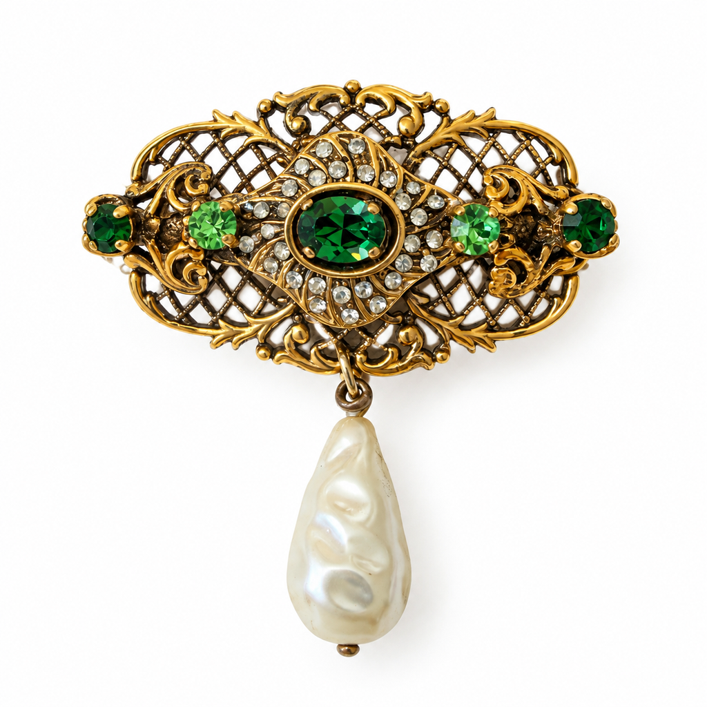 Broche cristal vert et perle pampille