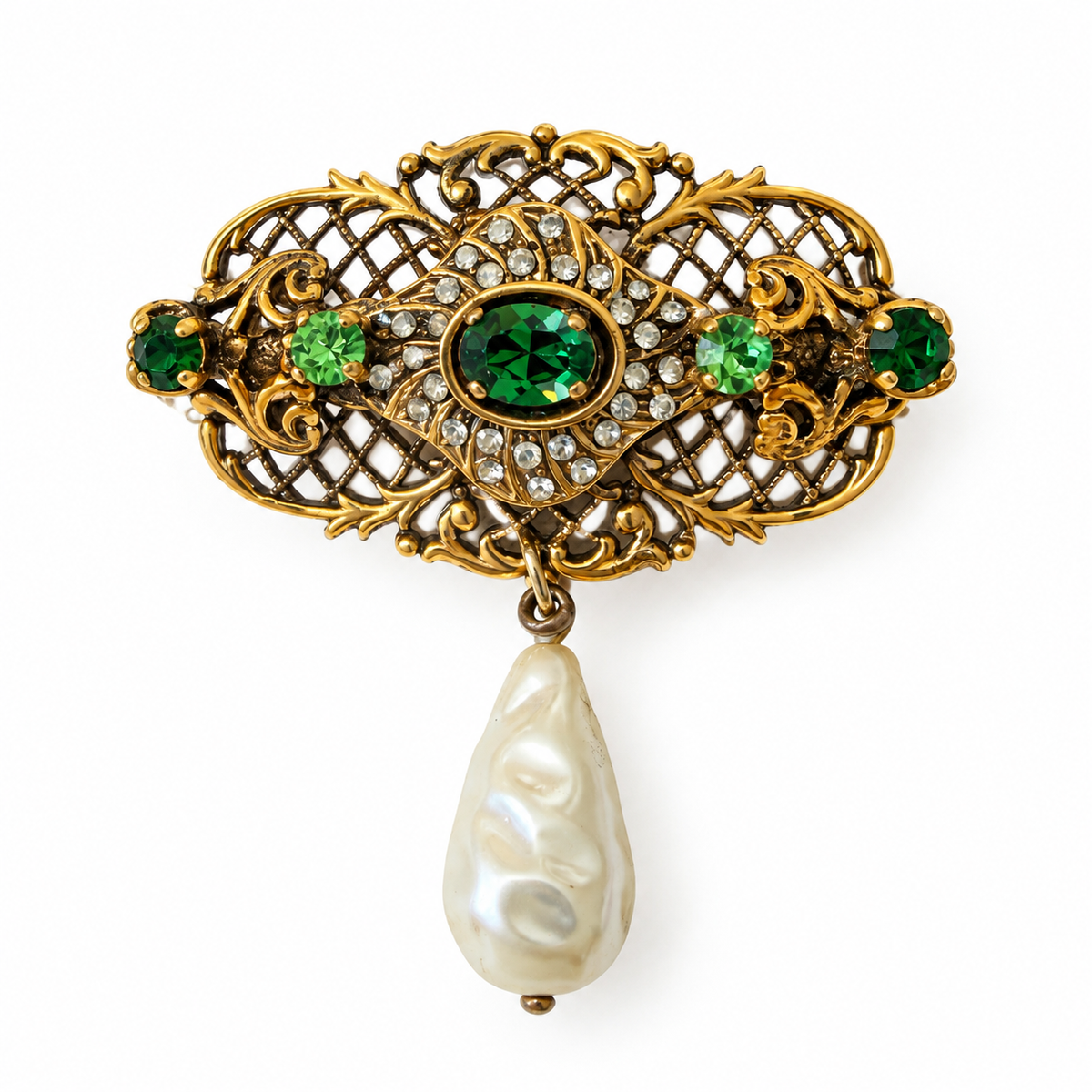 Broche cristal vert et perle pampille
