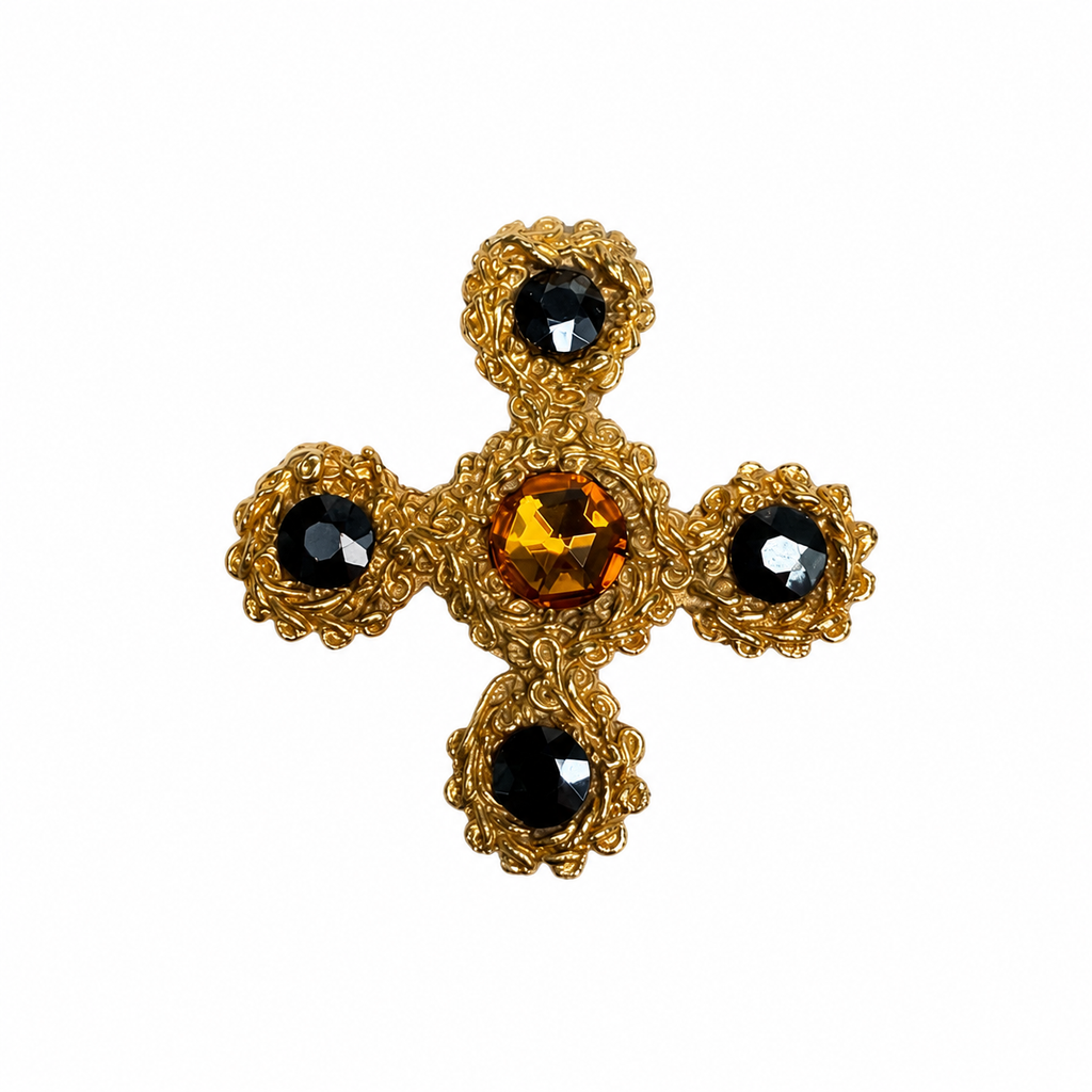 Broche vintage italienne croix baroque dorée – années 70/80