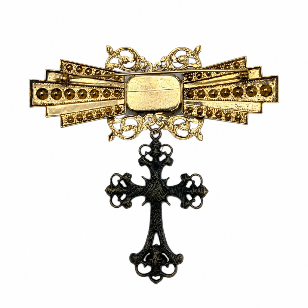 Broche vintage italienne croix années 80 dorée – strass et pierre verte émeraude
