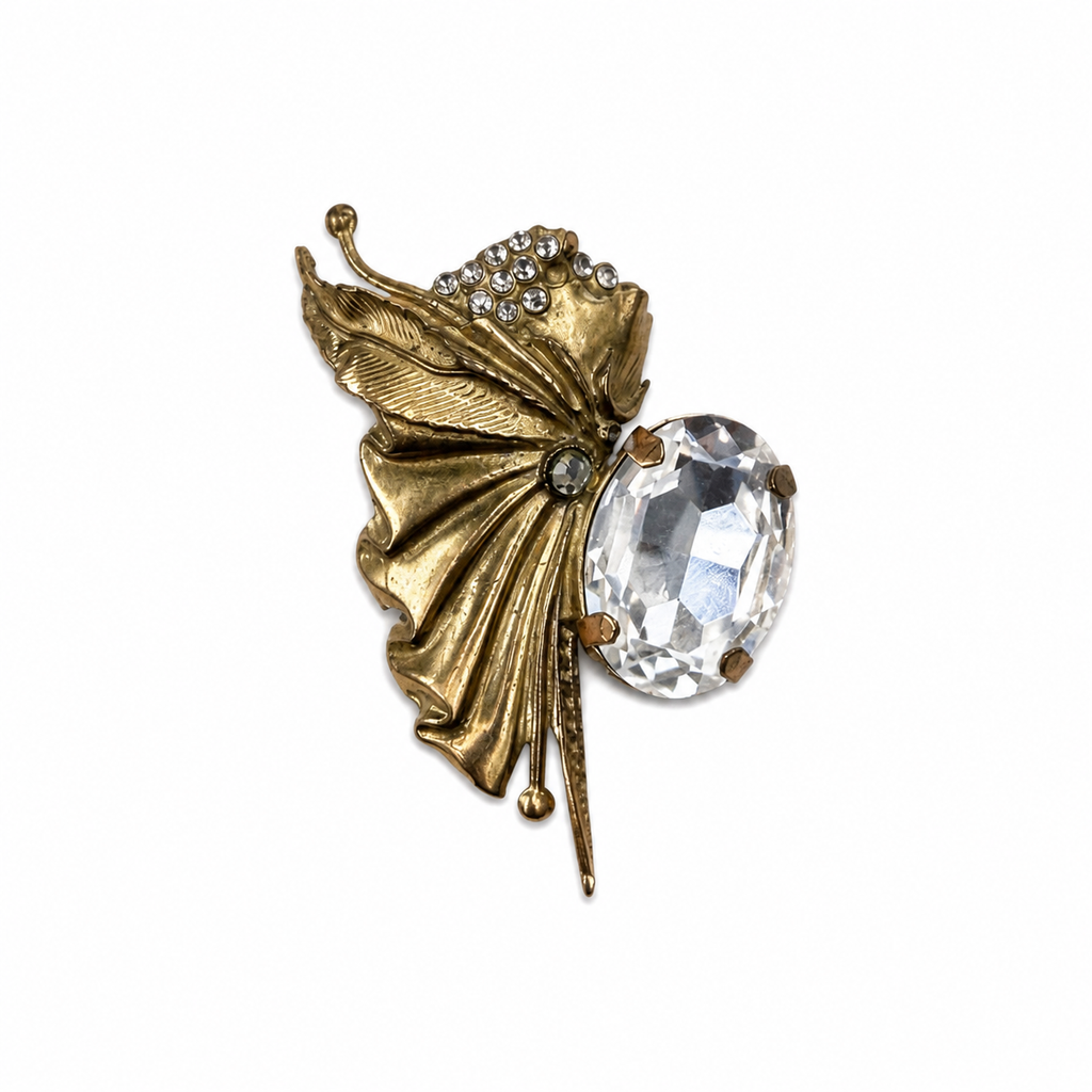 Broche vintage italienne papillon années 80 – dorée avec cristal facetté et strass