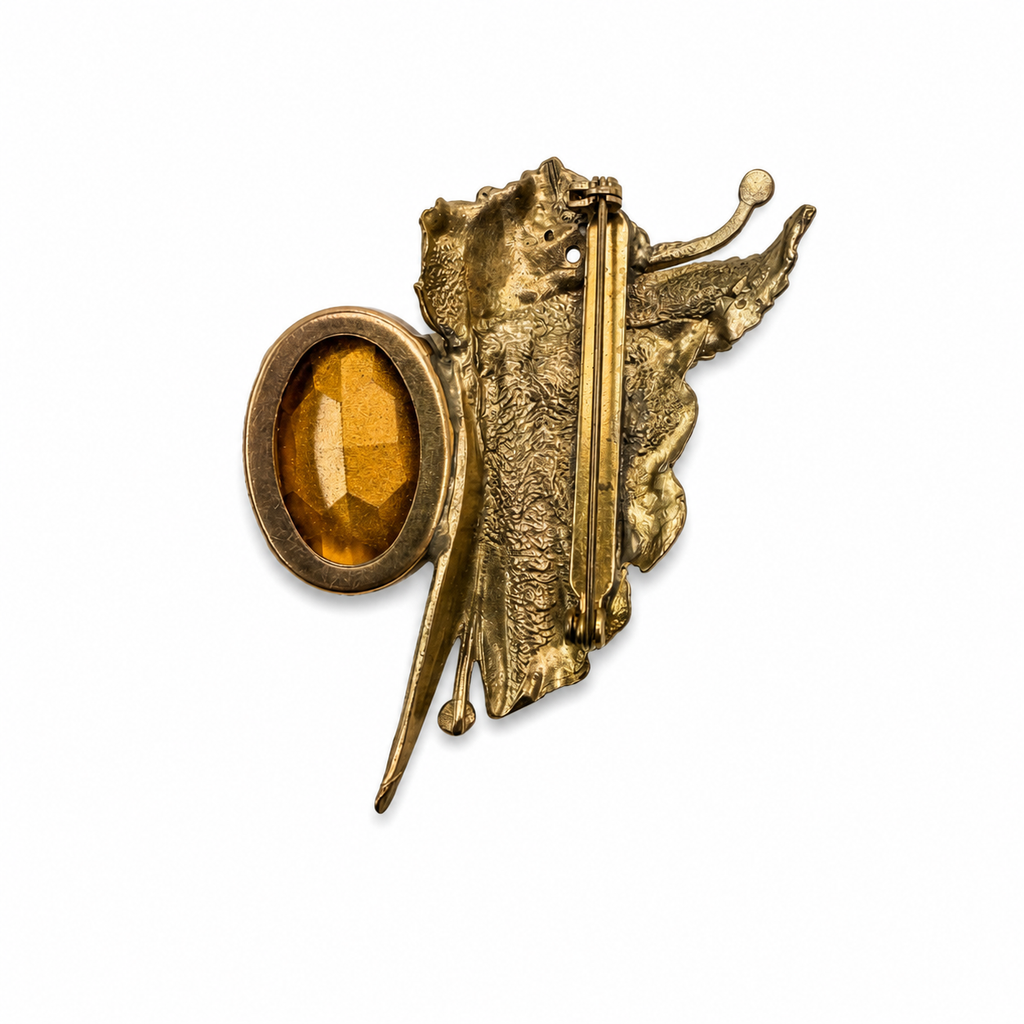 Broche vintage italienne papillon années 80 – dorée avec cristal facetté et strass