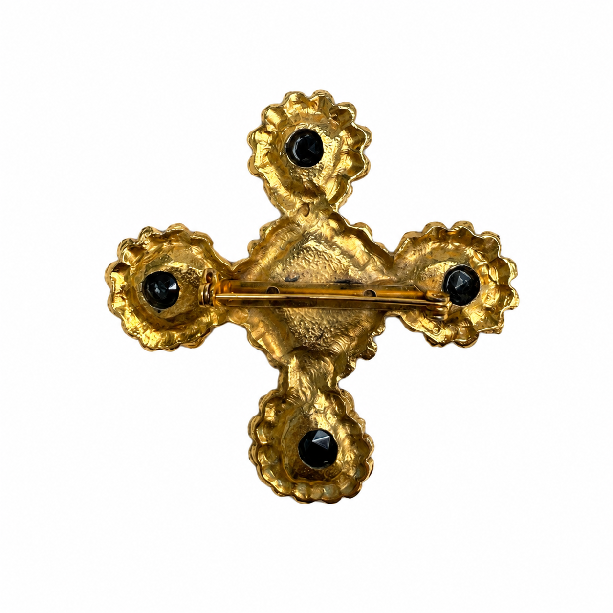 Broche vintage italienne croix baroque dorée – années 70/80