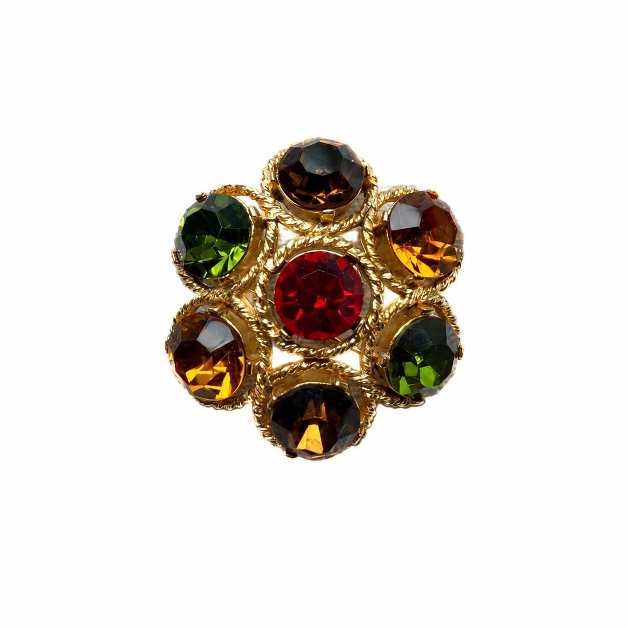 Broche vintage multicolore dorée – Cristaux facettés esprit haute couture