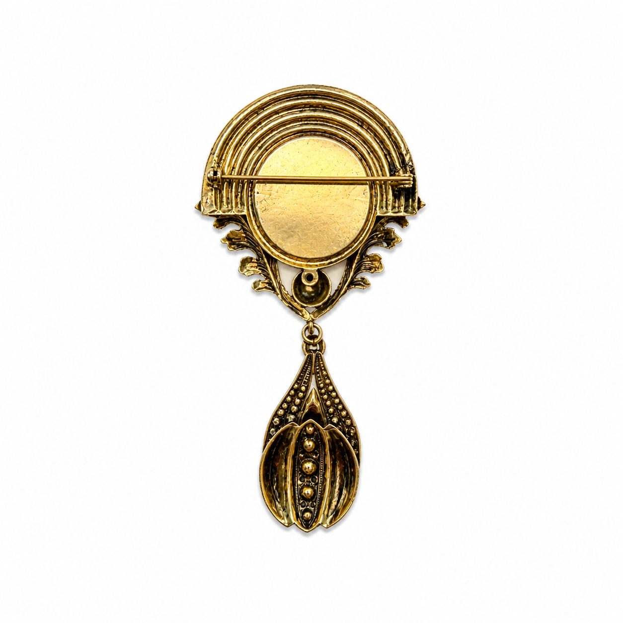 Broche vintage italienne années 80 dorée – style baroque avec strass et cabochon prune