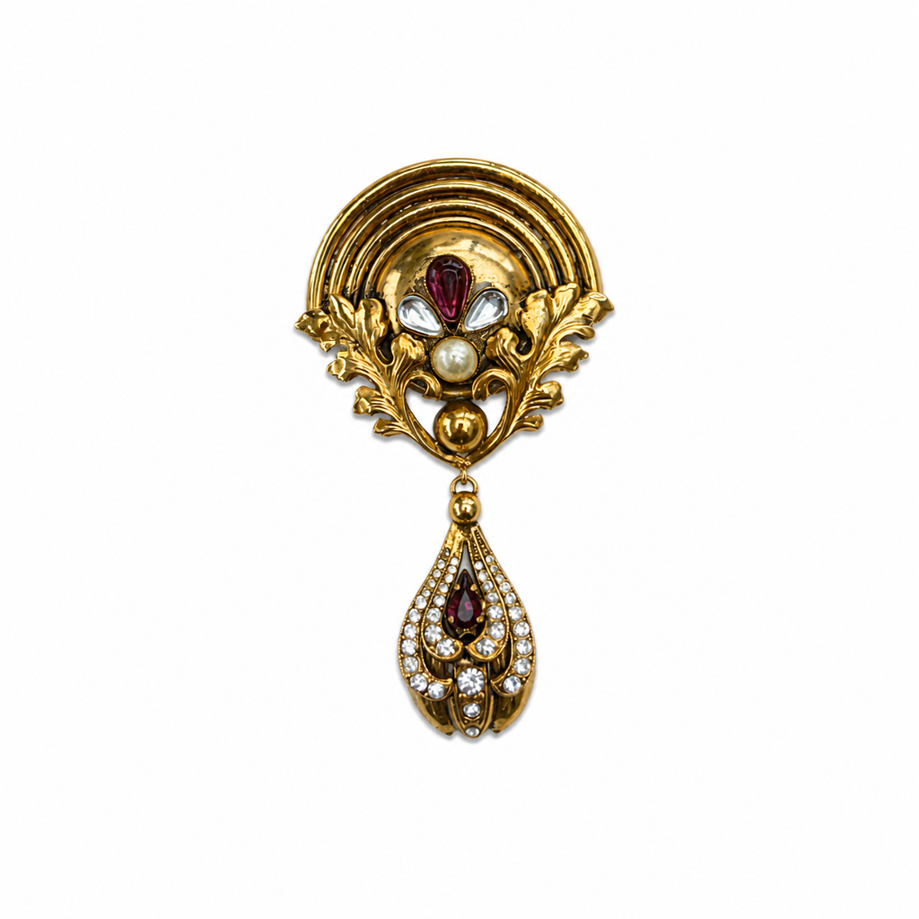 Broche vintage italienne années 80 dorée – style baroque avec strass et cabochon prune