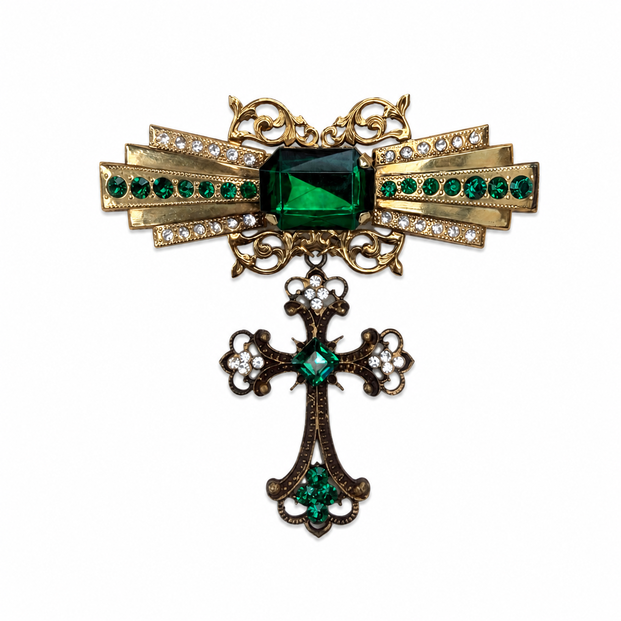 Broche vintage italienne croix années 80 dorée – strass et pierre verte émeraude