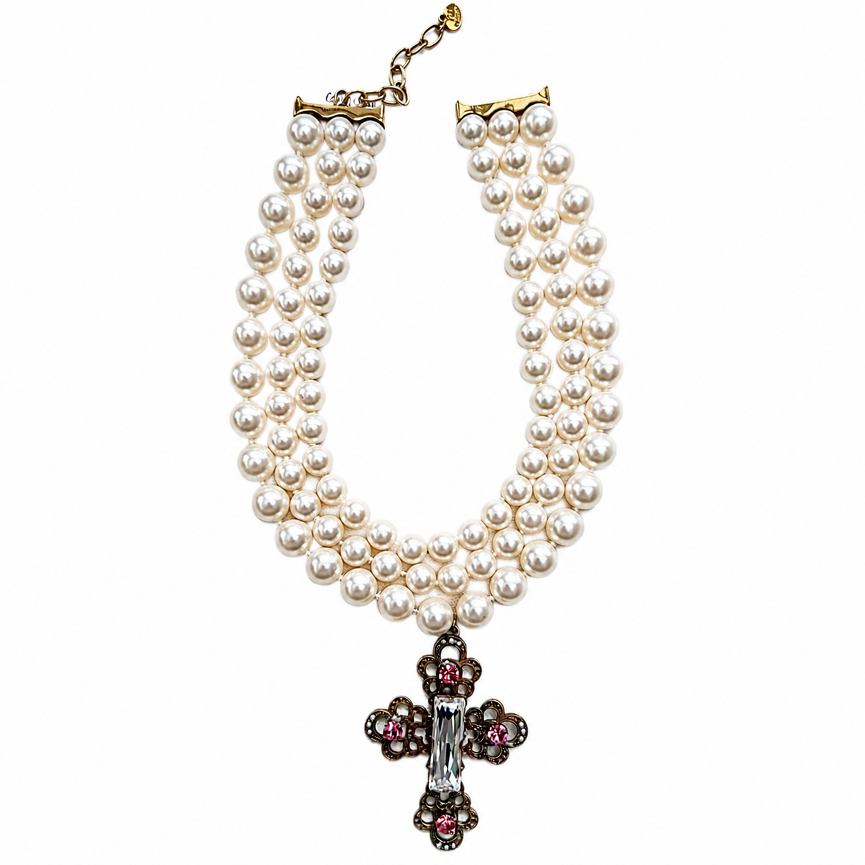 Collier vintage Christian Lacroix perles & croix italienne – bijou couture années 80