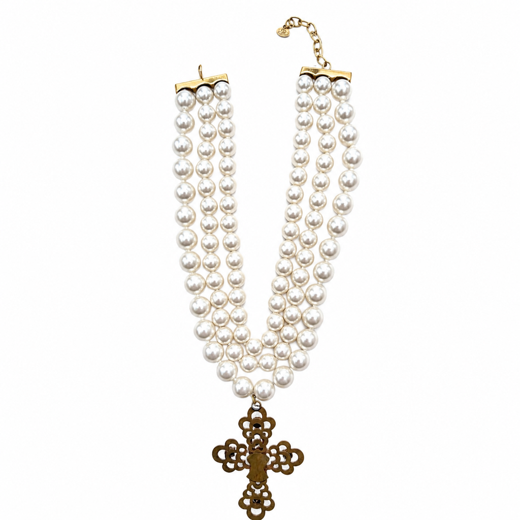 Collier vintage Christian Lacroix perles & croix italienne – bijou couture années 80