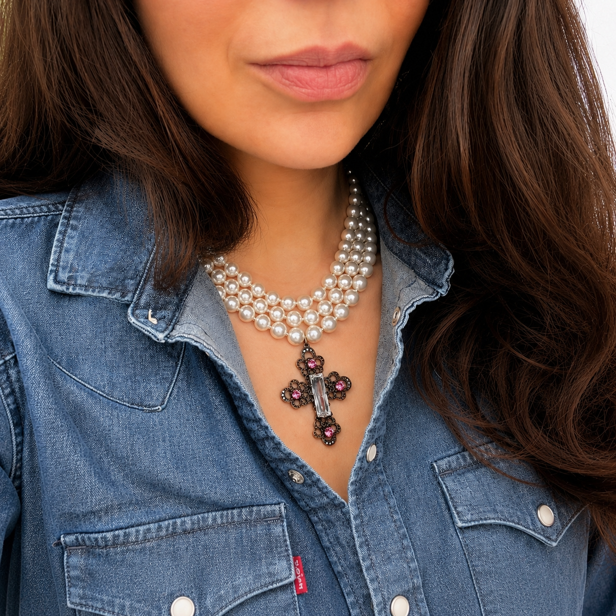 Collier vintage Christian Lacroix perles & croix italienne – bijou couture années 80