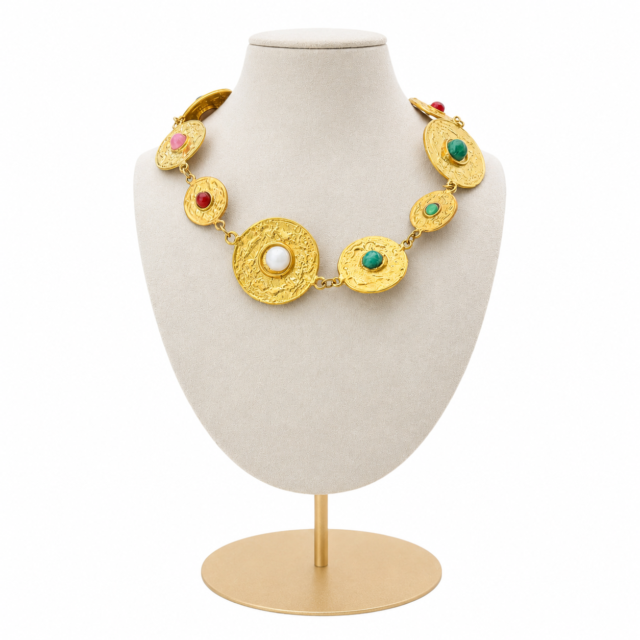 Collier couture Sharra Pagano italien en métal doré texturé orné de cabochons multicolores