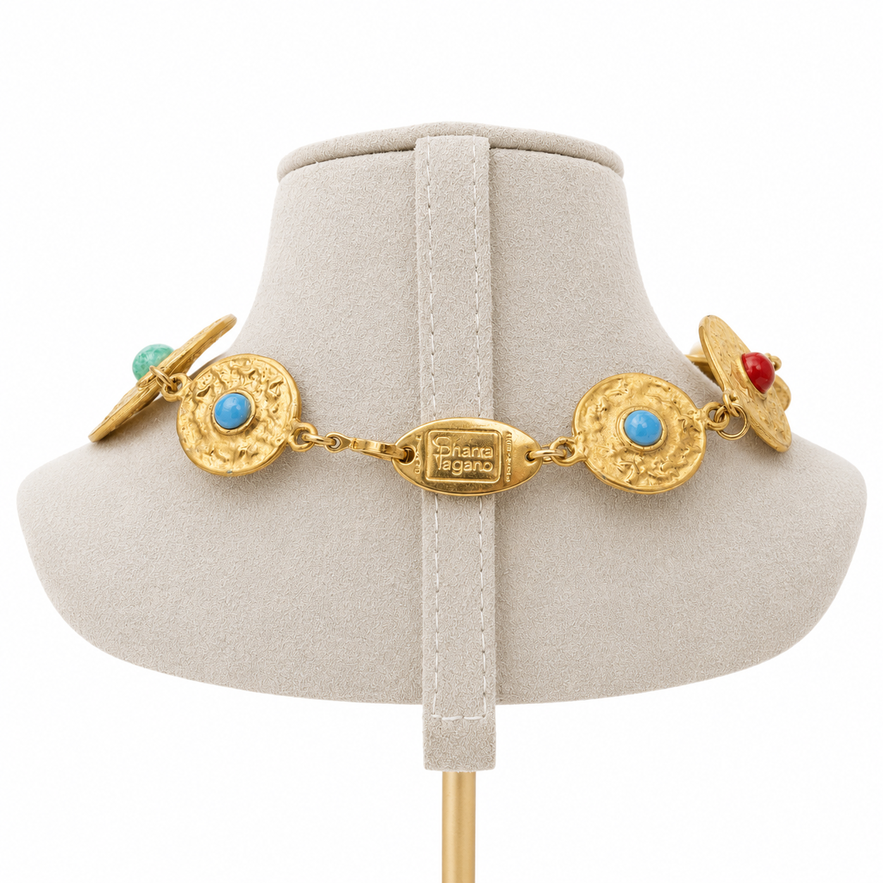 Collier couture Sharra Pagano italien en métal doré texturé orné de cabochons multicolores