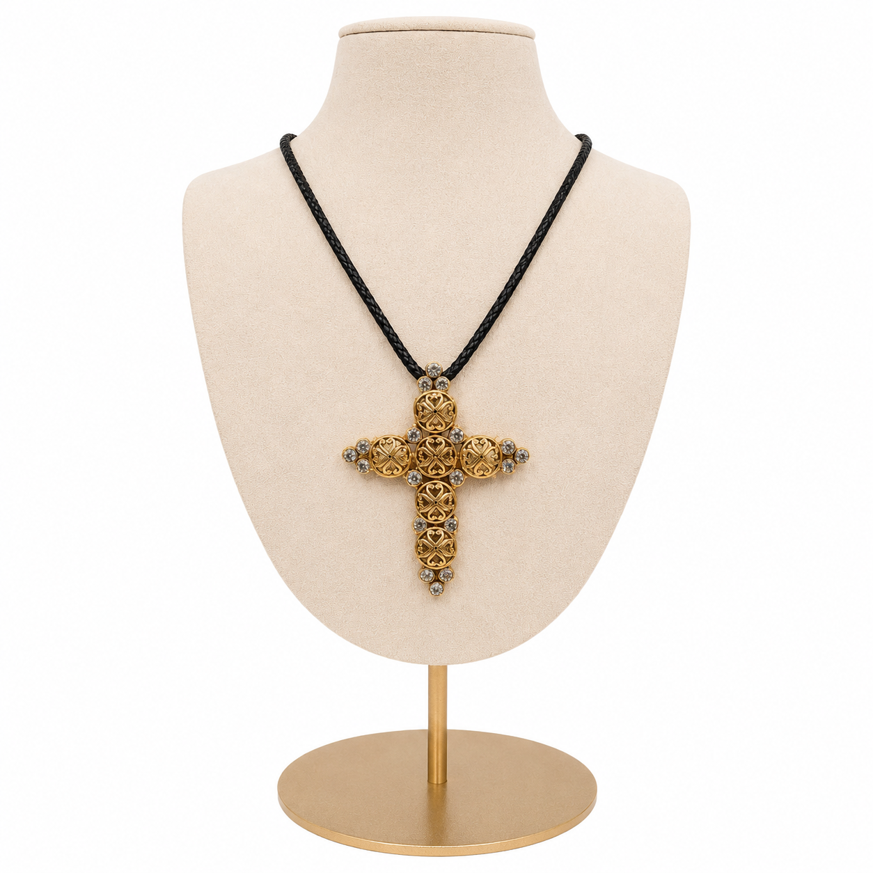 Broche Croix Vintage René Gouin sur Cordon Noir – Bijou Artistique Français