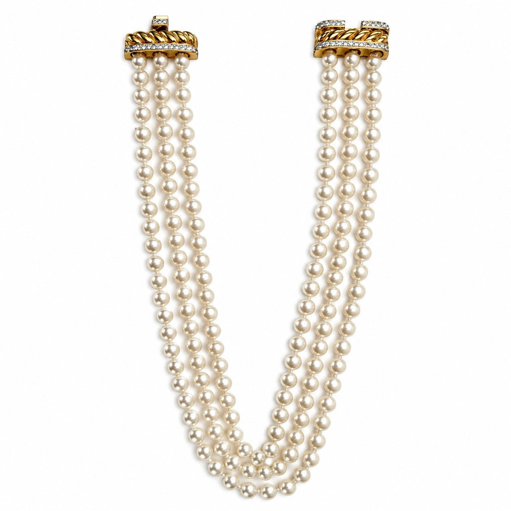 Collier vintage multi-rangs de perles & fermoir strass – bijou couture années 90