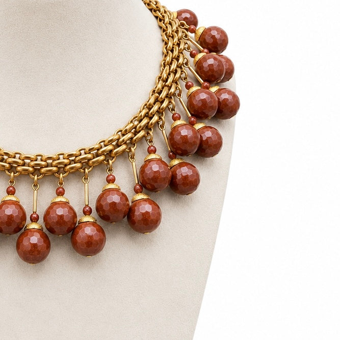 Collier vintage doré à pampilles facettées – bijou couture années 80