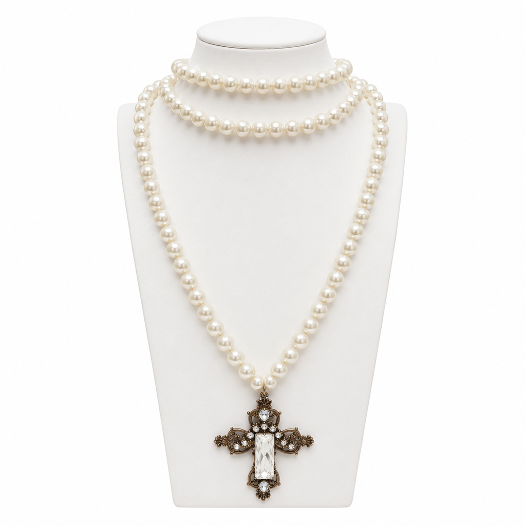 Collier perles vintage & croix baroque artisanale – bijou Apara