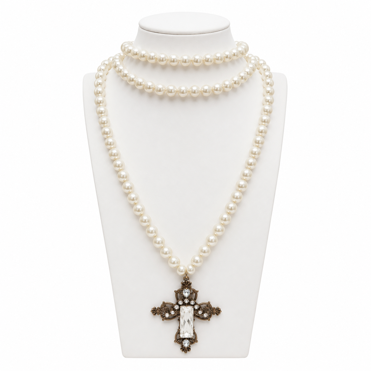 Collier perles vintage & croix baroque artisanale – bijou Apara