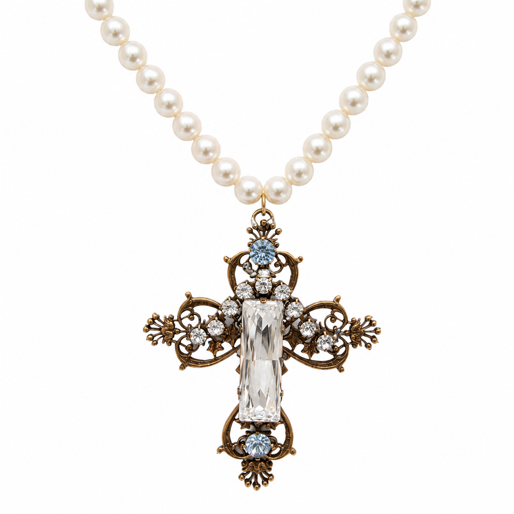 Collier perles vintage & croix baroque artisanale – bijou Apara