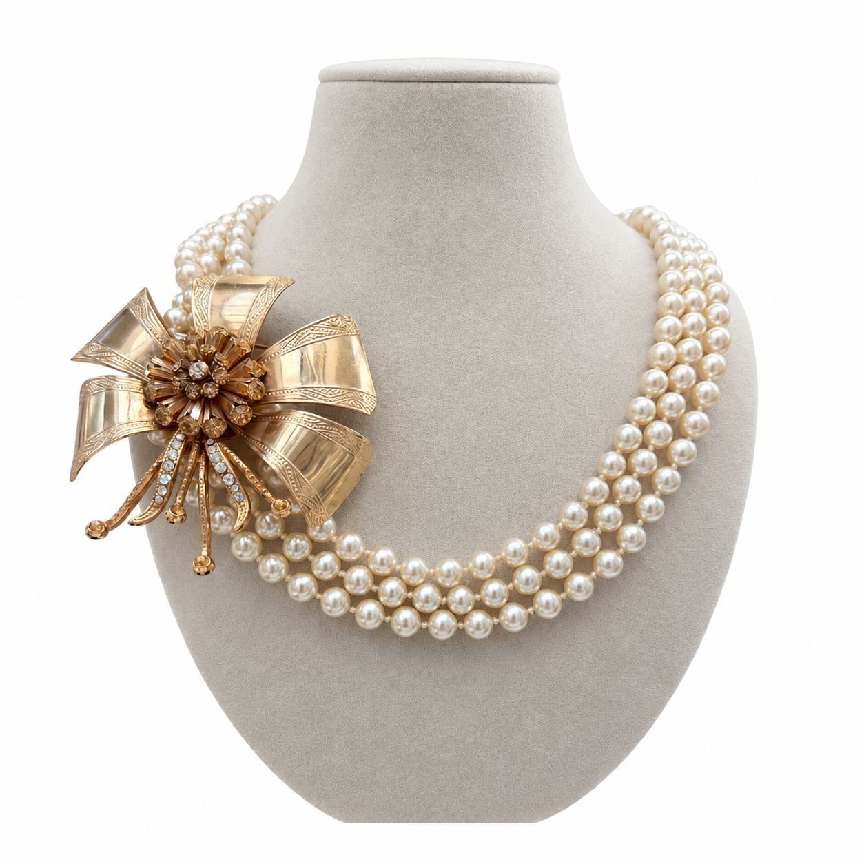 Collier vintage multi-rangs de perles & fermoir strass – bijou couture années 90