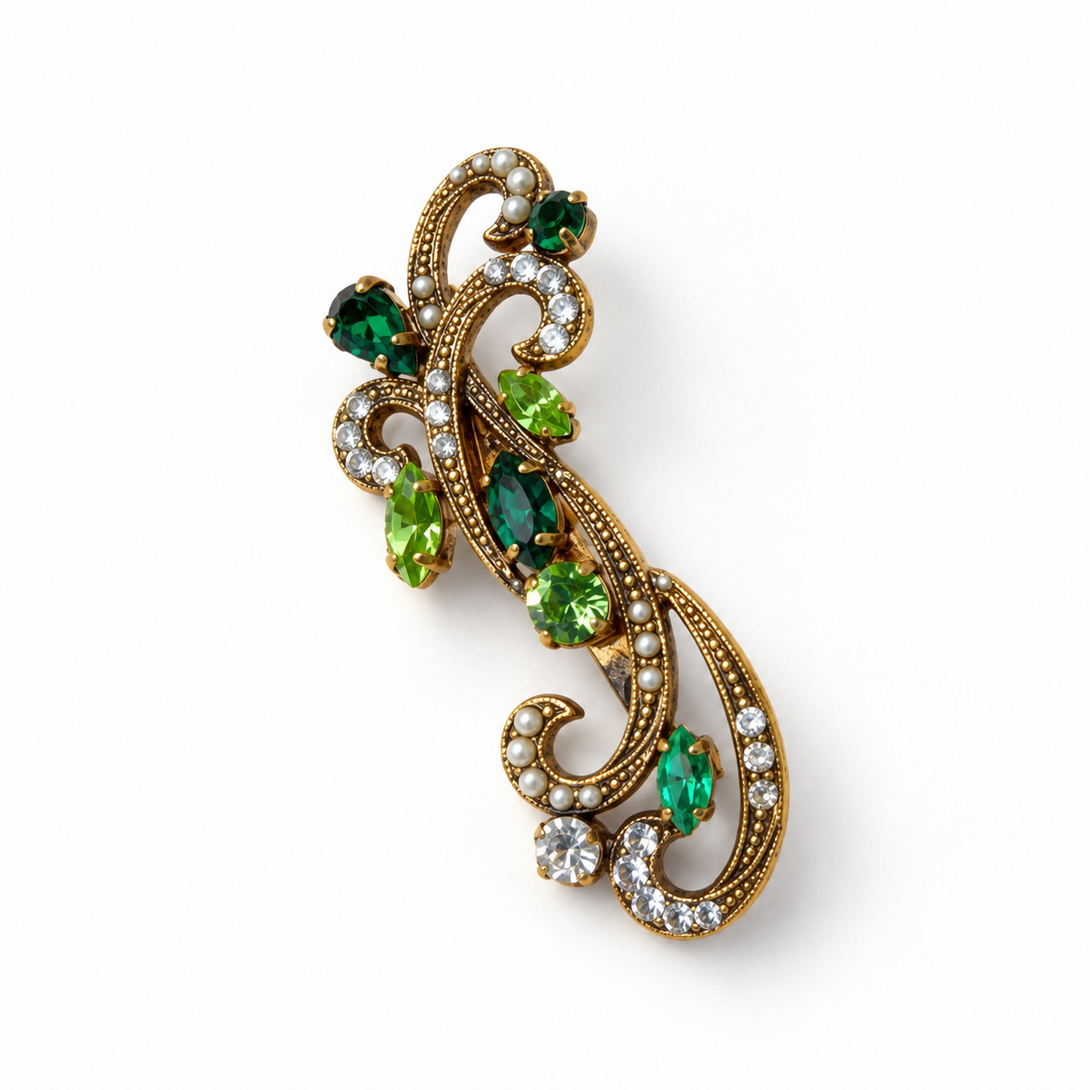 Broche Italienne volute baroque cristal vert