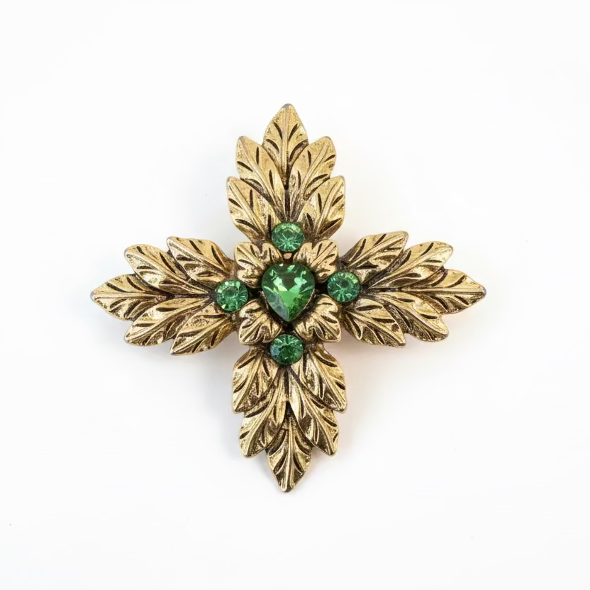 Broche & pendentif vintage René Gouin – Croix feuillagée dorée et strass verts