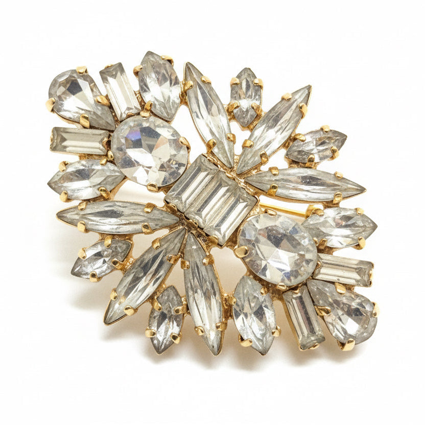 Broche vintage cristal clair & métal doré – Bijou lumineux